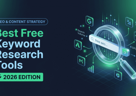 Illustration featuring keyword research tools icons, a search bar, and analytics graphs for 2026.