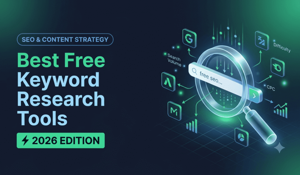 Illustration featuring keyword research tools icons, a search bar, and analytics graphs for 2026.